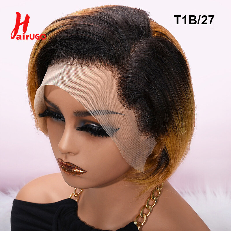 T1B/27 Pixie Cut Wigs 8Inch Colored Short Bob Pixie Cut Wigs Human Hair Remy Omber Color Straight Lace Front Pixie Cut Wigs 180%