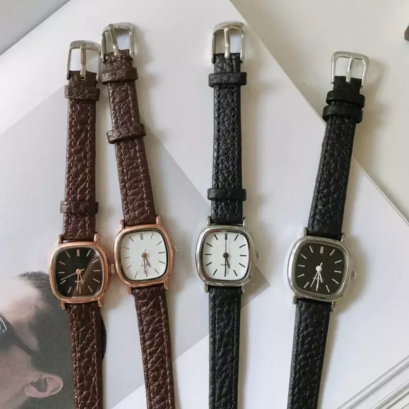 ساعات يد كوارتز نسائية مربعة ، ساعات بسوار ، حزام جلدي ، ساعة نسائية بسيطة ، ساعة نسائية