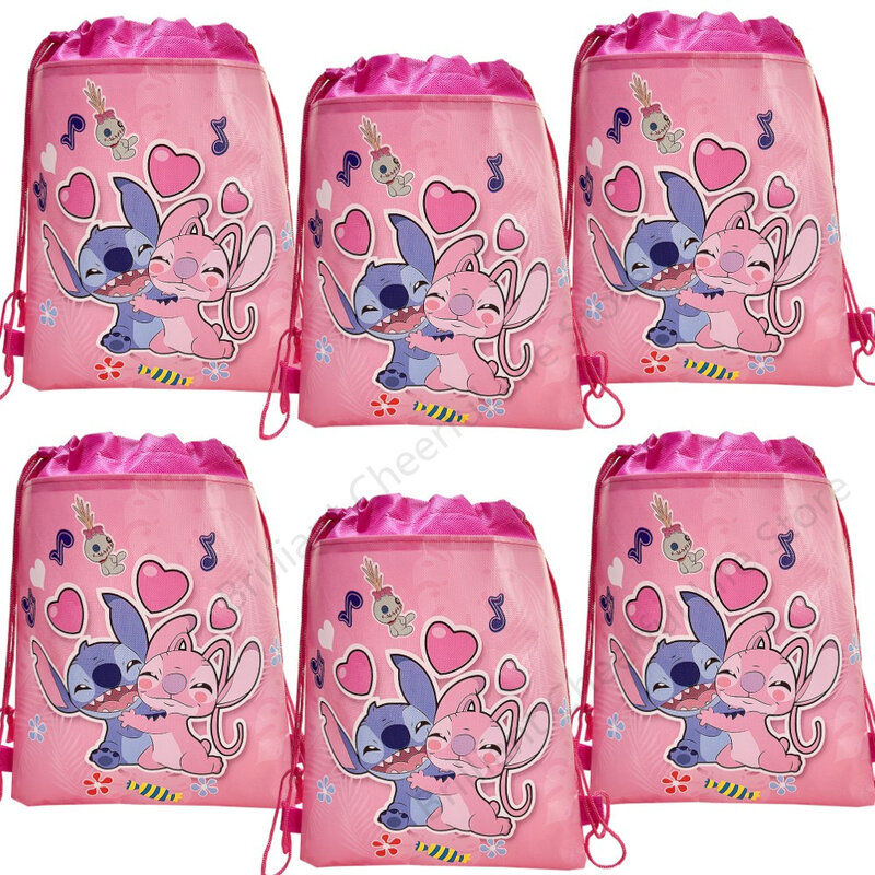 กระเป๋าเก็บของ Disney Lilo & Stitch 12/24/36ชิ้นกระเป๋าหูรูดผ้าถักลายเทวดาสีชมพูผ้าใยสังเคราะห์ตกแต่งงานปาร์ตี้วันเกิดสำหรับเด็กของขวัญคริสต์มาส