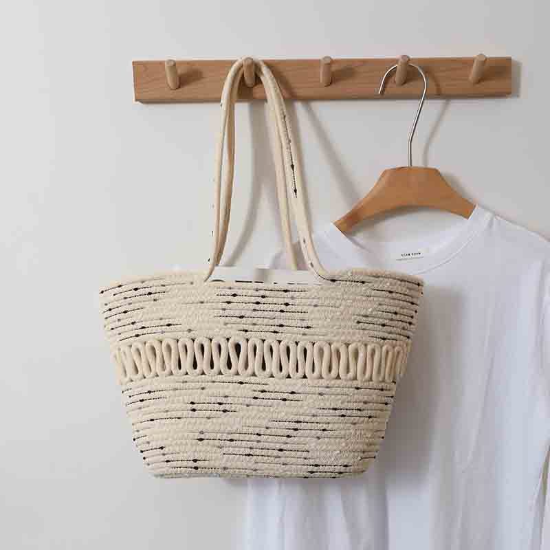 One-Shoulder Hollow Cotton Woven Bag New Summer Large-Capacity French Straw Bag Seaside Holiday Beach Bag Women
