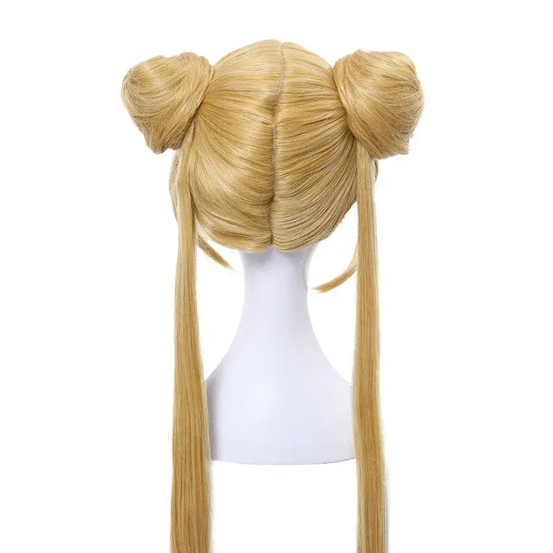 Sailor Moon Tsukino Usagi Two Ponytails Buns Bangs Long Blonde Cosplay Full Wig