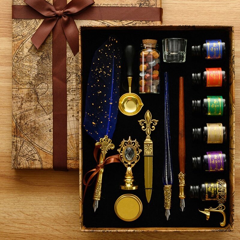 Kit de stylo à tremper en bois rétro antique, ensemble de stylos à tremper, sceau d'avertissement classique, kit de timbre pour calligraphie, cadeaux d'art, 16 pièces