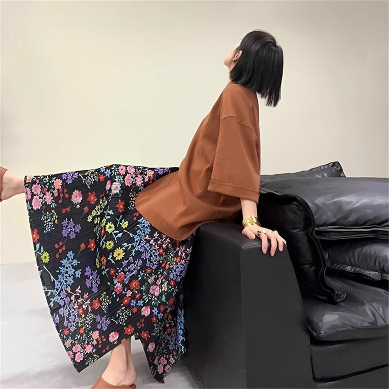 Falda plisada de cintura alta para mujer, falda holgada con estampado vintage, diseño de nicho, primavera y verano, 2024
