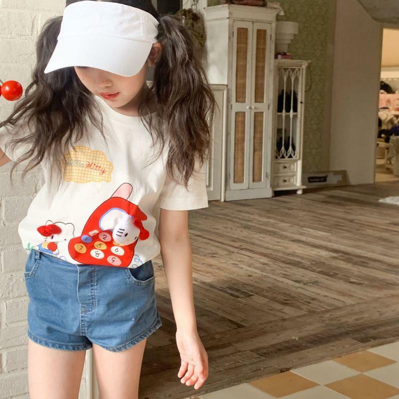 애니메이션 산리오 헬로 키티 어린이 코튼 티셔츠, 귀여운 Kt 고양이 소녀 패션, 반팔 3D 장식 만화 한국 상의 선물