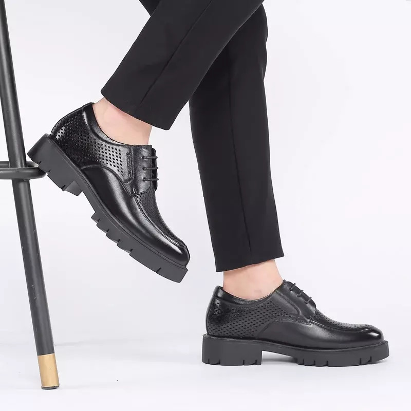 Sepatu lift kulit asli untuk pria, sepatu lift hak tinggi 8cm/10cm peninggi penambah tinggi, sepatu gaun musim panas untuk pria