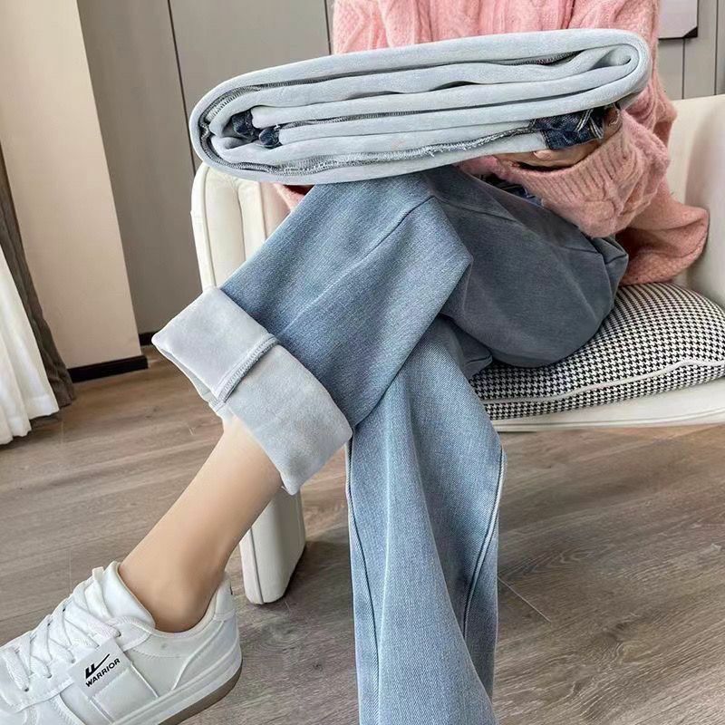 Женские утепленные джинсы с широкими штанинами, утепленные прямые мешковатые брюки с подкладкой, корейский стиль, 2023