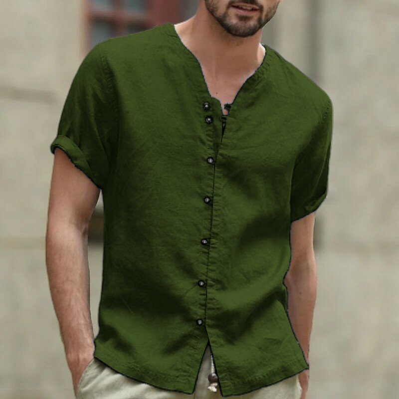 Męska koszulka z krótkim rękawem V dekolt 7 guzików koszula z mieszanki bawełny i lnu odzież codzienna popularne topy męska dla mężczyzn
