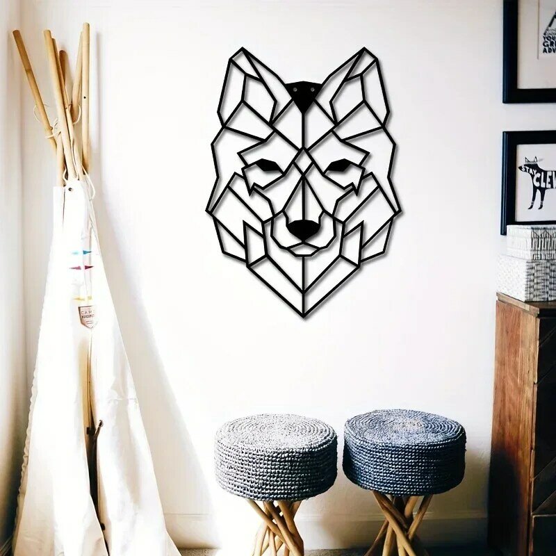 Ornement d'art mural tête de loup géométrique en métal, artisanat en fer, cadeau de vacances, silhouette en fer noir, salon et bureau