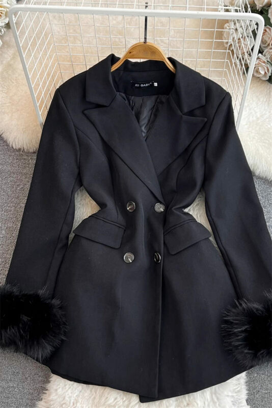 모피 커프스 블랙 세트 재킷, 중간 길이, 하이엔드 캐주얼 루즈 피팅 퀼트 블레이저, 여성 코트, Z3889, 가을 및 겨울 신상