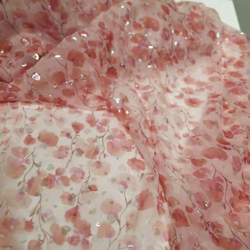 Summer Red Maple Leaf Love Color Iris Printing Tramsparent Yarn Fabric Children's Clothing Apparel Chiffon Dress DIY Fabric