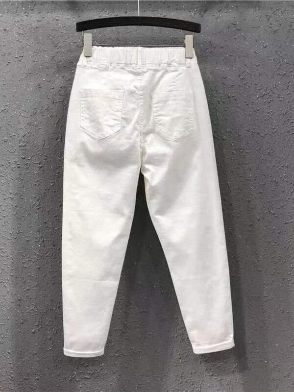 Plus Size Thin Denim Office Lady Baggy Jeans For Women Pants Casual Button Korean Fashion Pockets Elastic Waist Pantalon Femme