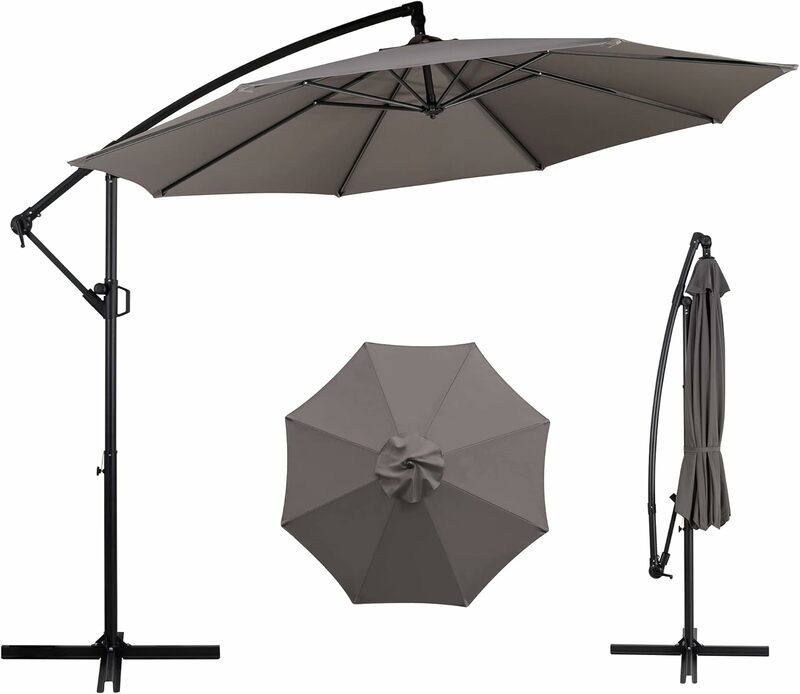 Patio Offset Umbrella w/Easy Tilt Adjustment,Crank and Cross Base, Outdoor Cantilever Hanging with 8 Ribs Waterproof Canopy
