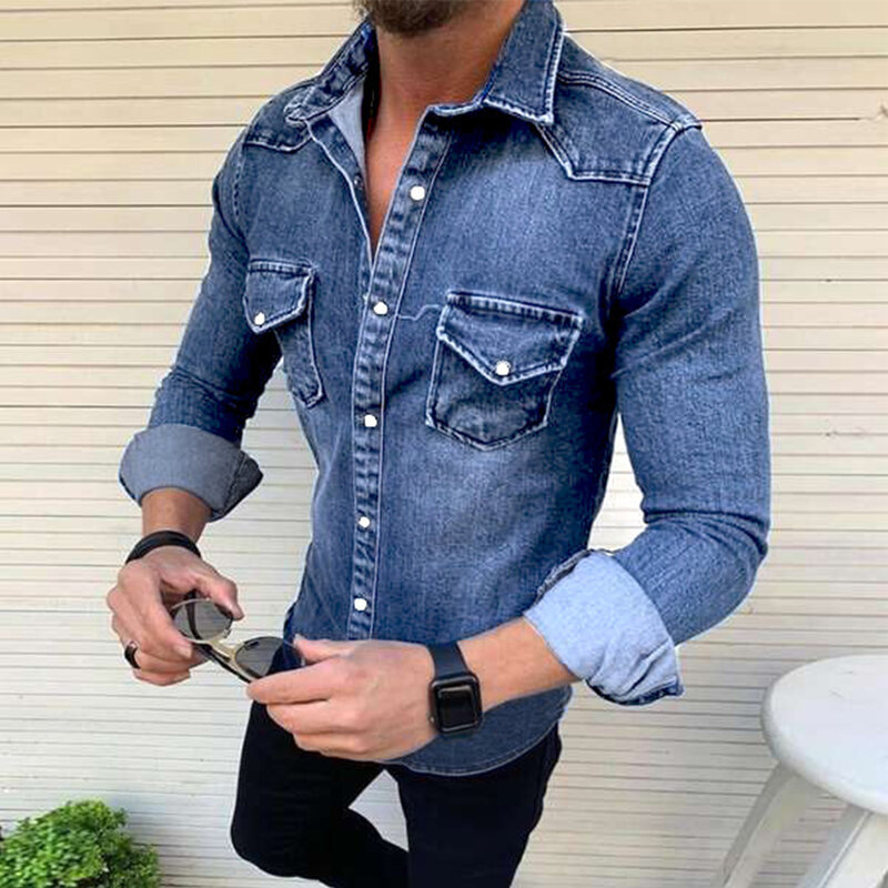 Autumn Spring Men's Single Breasted Slim Fit Long Sleeve Chest Pocket Snap Shirts Casual Shirt Tops Clothes Man