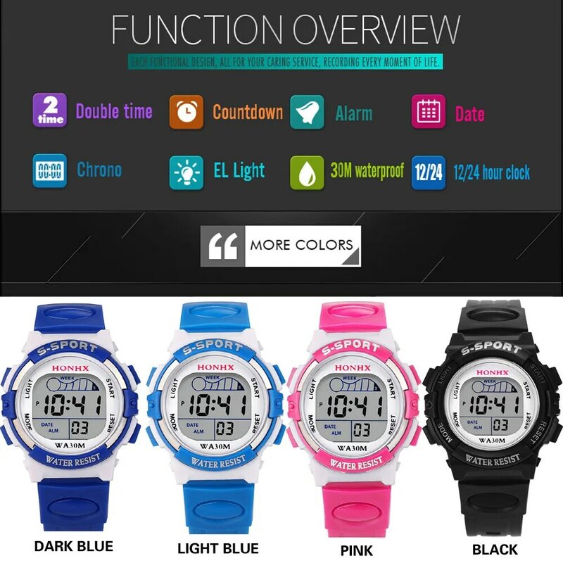 Honhx Kids Luminous Watches LED Colorful Flash Digital Waterproof Alarm For Boys Girls Anti-Seismic Creative Children Clock