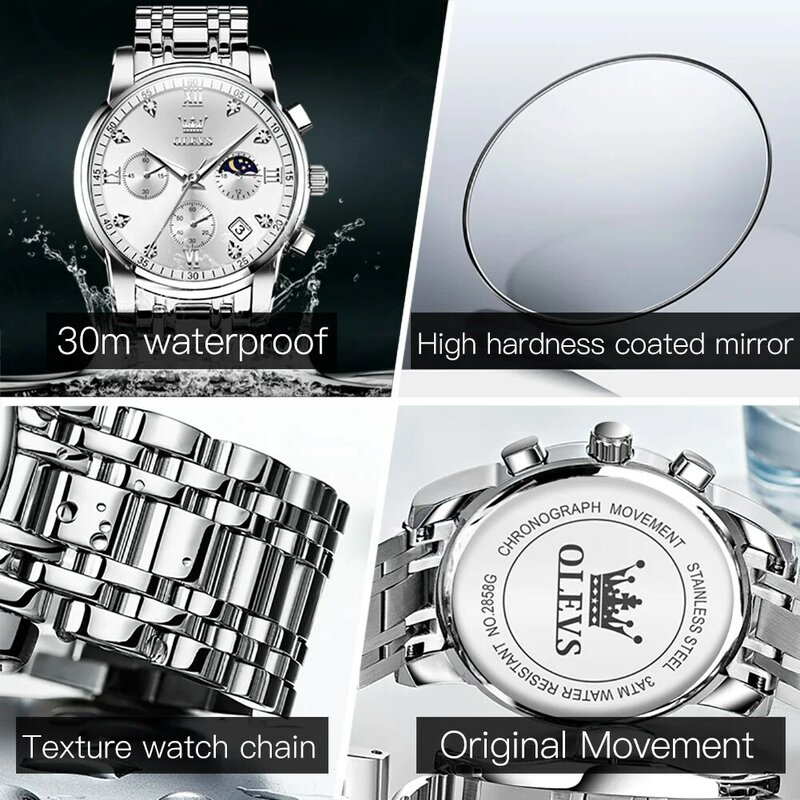 OLEVS นาฬิกาข้อมือสำหรับผู้ชาย, นาฬิกาควอตซ์เฟสดวงจันทร์สายสแตนเลสโครโนกราฟปฏิทินนาฬิกาเรืองแสงสำหรับผู้ชาย