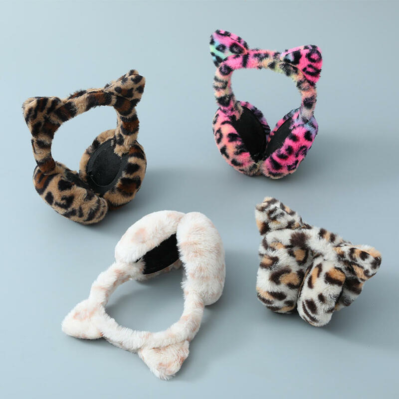 레오파드 무늬 고양이 귀 귀마개, 부드러운 플러시 워머, 방풍 귀마개, 남녀공용 머리띠, 귀 보호, 크리스마스 선물