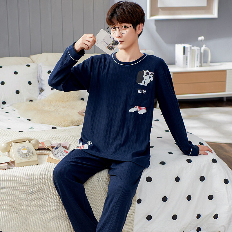 2 Pieces Set Cotton Men's Sleepwear Korean Fashion Pajamas Set Long Sleeves Loungewear for Spring Autumn Youth Boy Pyjamas Hombr