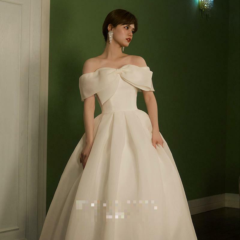Gaun pengantin wanita, gaun pesta pernikahan 2024 elegan manis bahu terbuka dengan pita sederhana berenda kustom