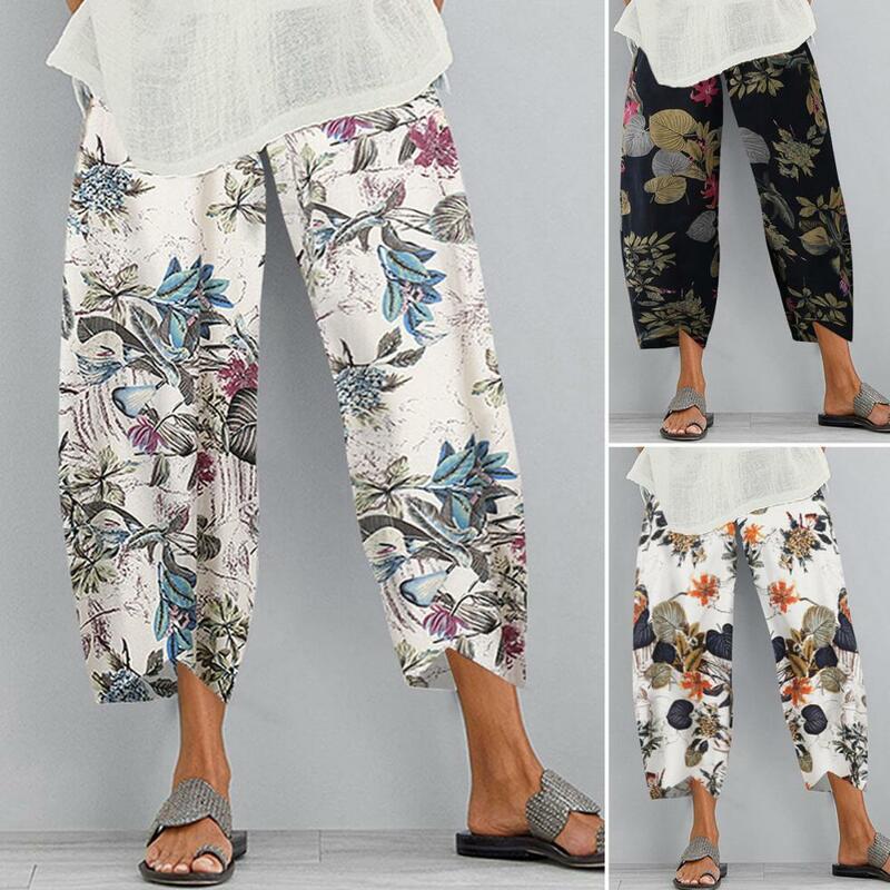 Calças femininas de perna larga com cintura elástica, estampa floral retrô, calças elegantes e confortáveis para trabalho de férias
