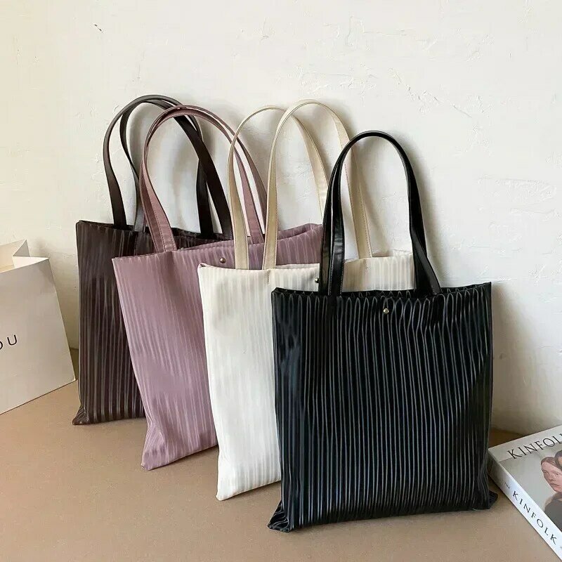 Kp08 Handtaschen für Frauen Einkaufstasche mit großer Kapazität einfarbig gestreiftes Pu-Leder-Cord futter