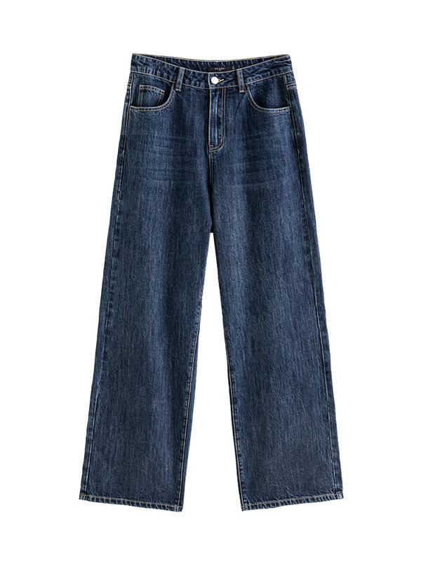 DUSHU Jeans Elastis Katun Pinggang Tinggi Wanita Musim Dingin Jeans Panjang Tebal Longgar Jeans Gelap Celana Pantofel Lurus Biru