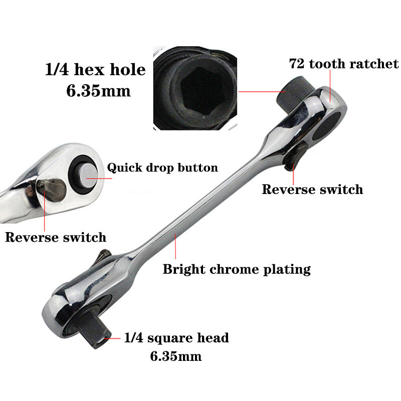 2 in 1 Mini Hex Bit Driver Screwdriver Handle Two-way Quick Release Wrench Spanner Dual Head Ratchet Socket Wrench 72 Teeth