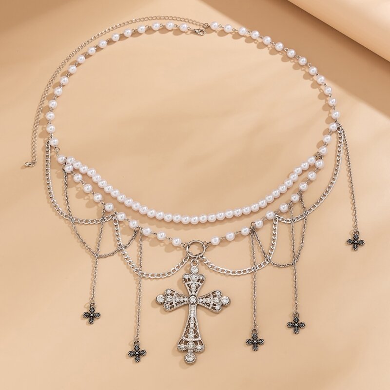 Cadena cintura cruzada con perlas artificiales para mujer, cinturón cadena para falda Y2K, cadena para vientre para con