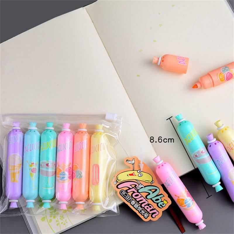 1~10PCS Marking Pen 6-color Pen Color Pen Flat Head Color Marker Pen Plastic Gift Pen Candy Ice Cream Cartoon Highlighter Text