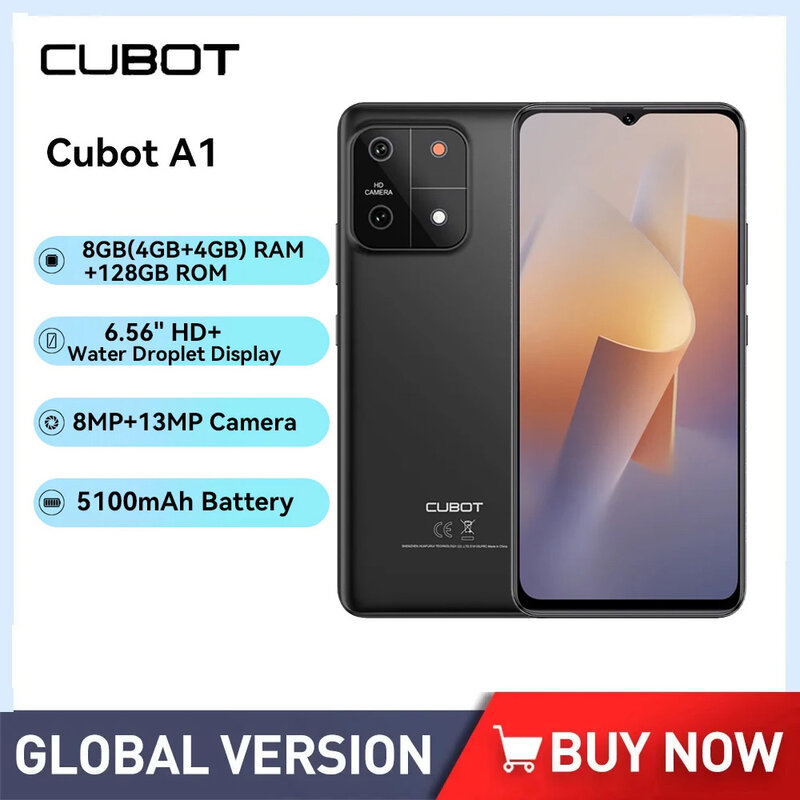 Cubot-A1 4G Smartphones, Smartphones Baratos, Display 6.56 ", Octa Core, 8GB + 128GB, Android 13 Celular, 5100mAh Bateria, Câmera 13MP, Face ID