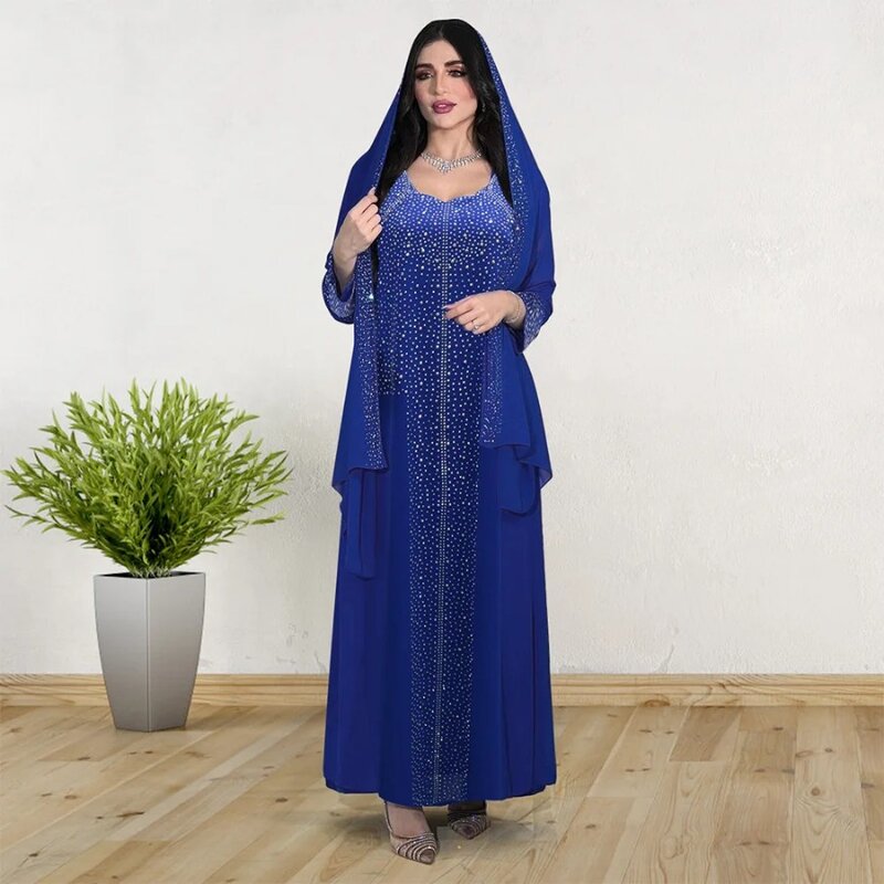 Abaya de diamantes con velo LARGO DE Hijab para mujer musulmana, bata suelta de Ramadán, vestido de gasa Jalabiya islámico con cuello en V, caftán Eid, conjunto de 2 piezas