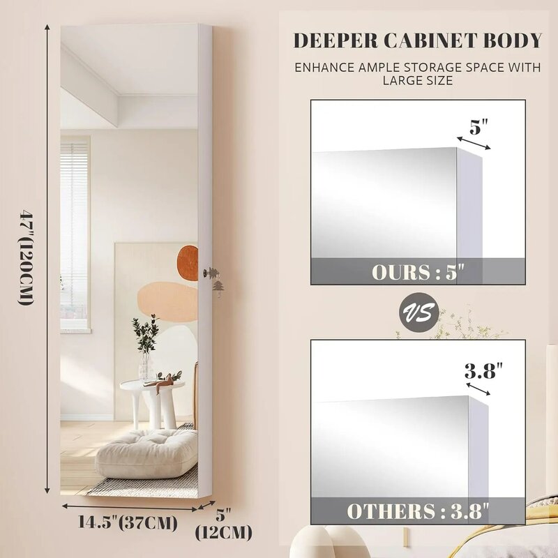 Vlsrka 47.2" LED Jewelry Mirror Cabinet, Wall/Door Mounted Jewelry Armoire Organizer with Full-Length Mirror, Large Capacity Sto