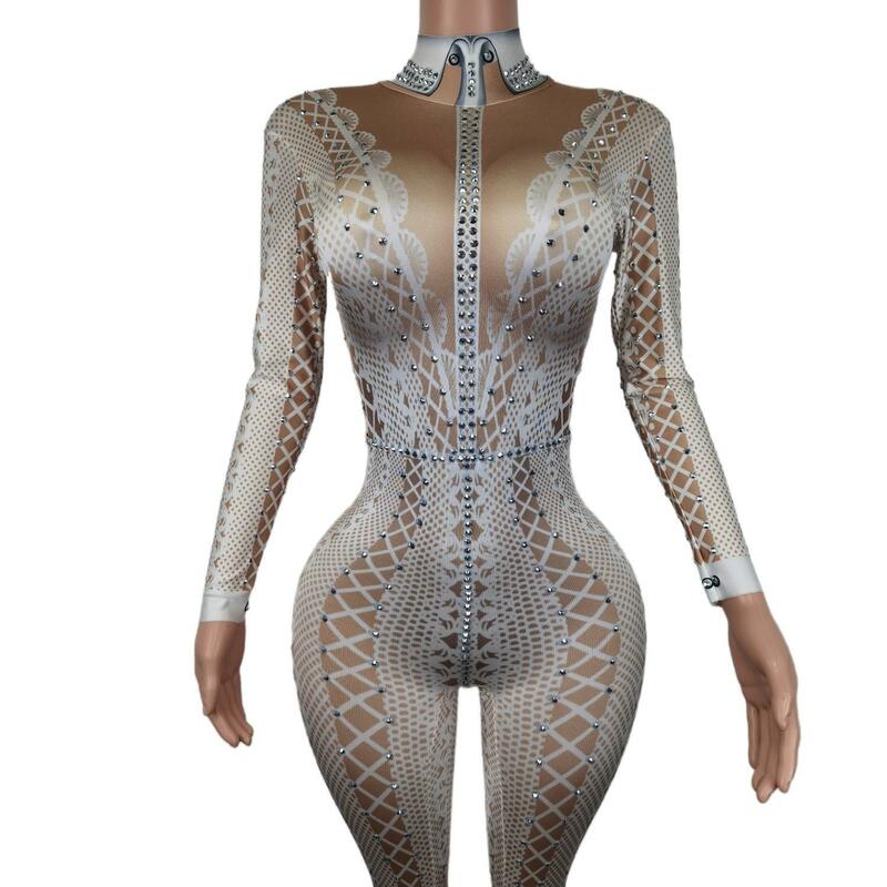 Personality Jumpsuit Pattern Printing Tights Women Long Sleeve Leotard Nightclub Dance Show Wear Party Evening Costume Lianti