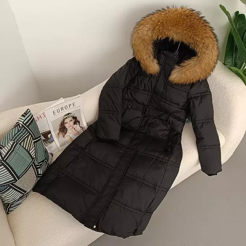 FURYOURSELF jaket panjang musim dingin wanita, pakaian luar sabuk mantel bulu rakun asli kerah bulu bebek hangat alami 2023