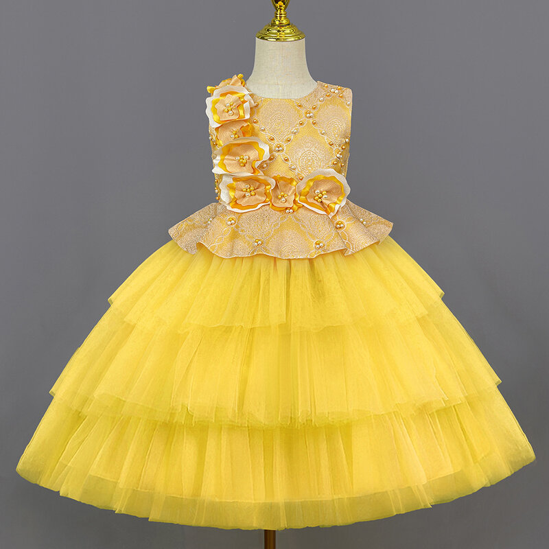 Vestido de princesa para niños, vestido de pastel esponjoso floral para niña pequeña, vestido de actuación de piano