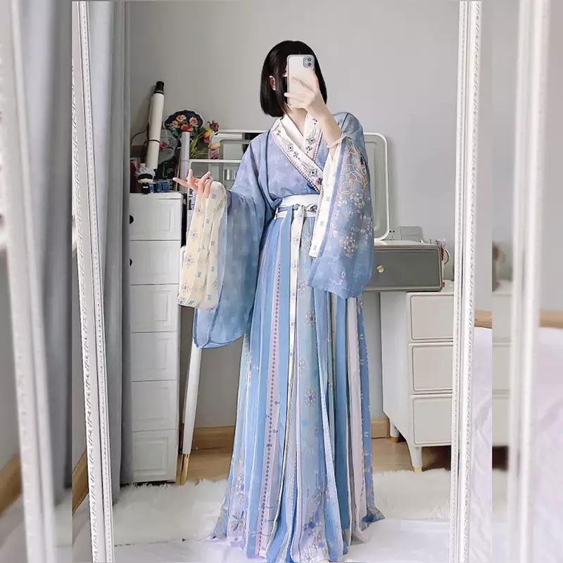 Gaun Hanfu Cina gaun dansa Hanfu tradisional wanita, kostum Cosplay karnaval biru & ungu ukuran Plus XL