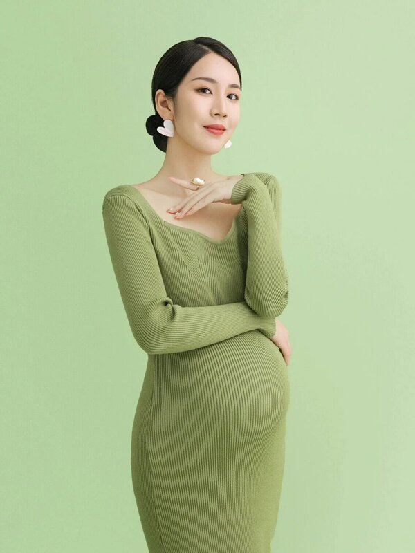 فستان أمومة أخضر لتصوير الصور ، نحيف ، حياكة ، مستلزمات تصوير الحمل ، ملابس النساء الحوامل ، بدلة