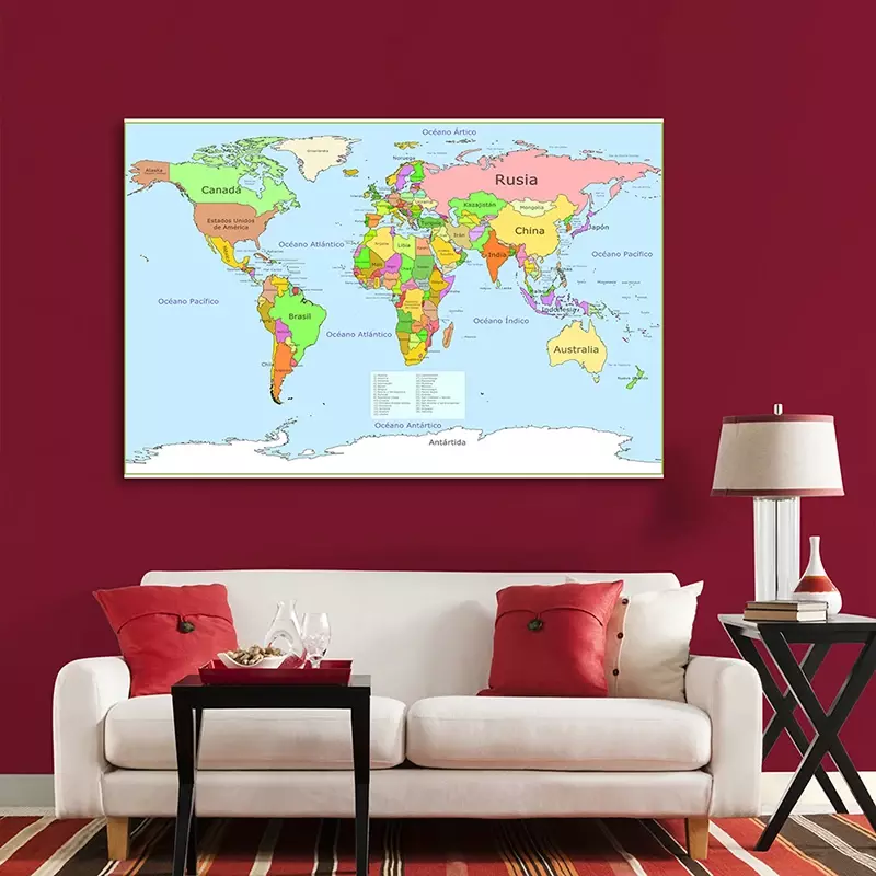 Peinture sur toile Non tissée de la carte du monde, 225x150cm, affiche d'art murale espagnole, sans cadre, décoration de la maison