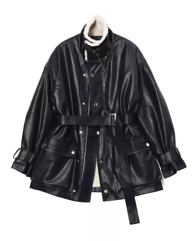女性のための革のオートバイのジャケット,厚いフリースコート,暖かい毛皮,黒,冬