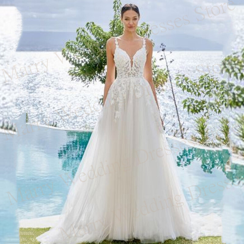 2024 Exquisite A Line Women's Wedding Dresses Appliques Lace Bride Gowns Sexy Sleeveless Backless Deep V-Neck Vestidos De Novia