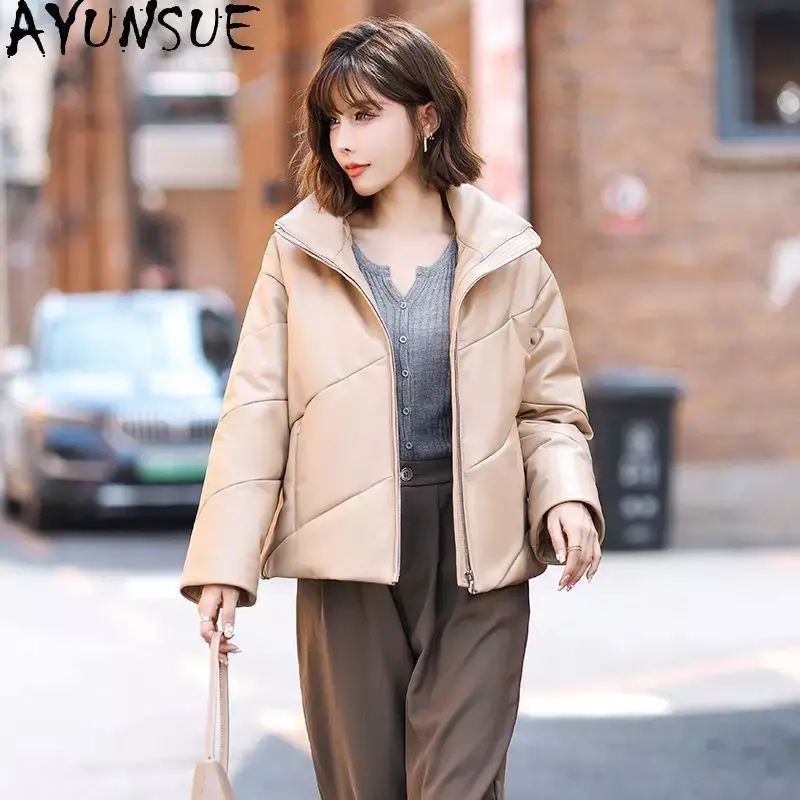 AYUNSUE-jaqueta de couro de carneiro real para mulheres, casacos curtos, gola em pé, casacos na moda, inverno, 2023
