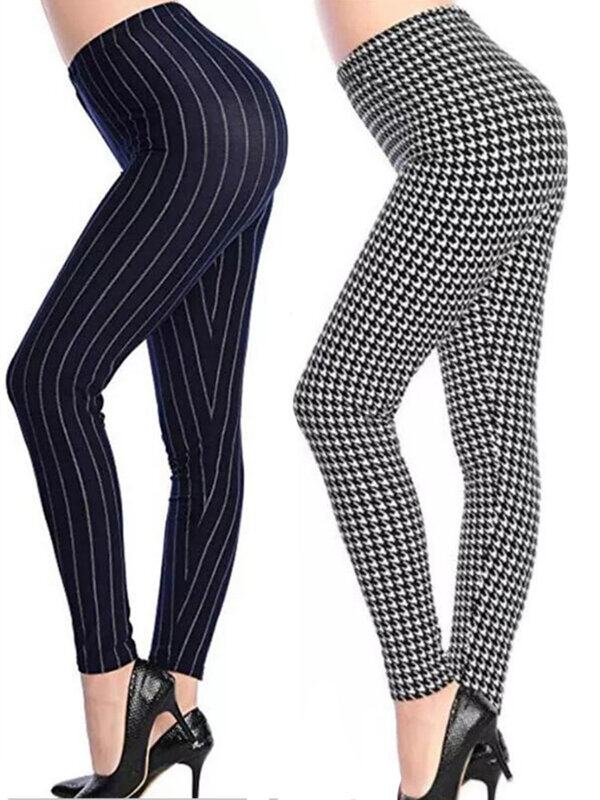 YSDNCHI-calças estampadas listradas para mulheres, legging fitness elástica, cintura alta, poliéster, leggins elásticos de treino