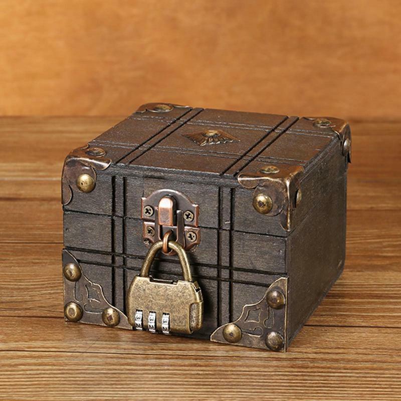 Mini baú de joias com fechadura para mulheres, caixa do tesouro de madeira vintage
