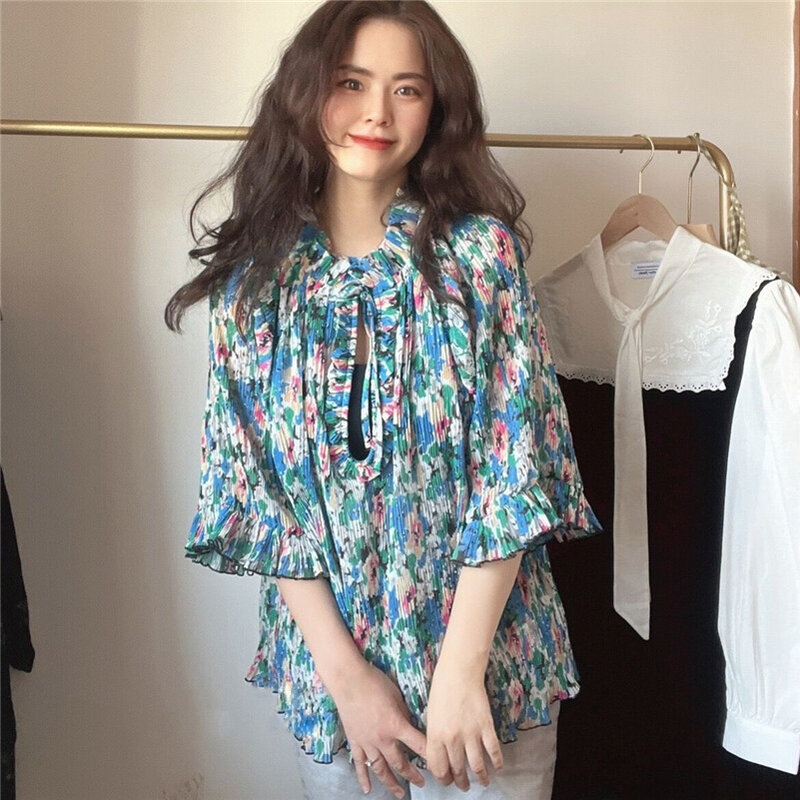 Women New Spring Chiffon Necklace tie Sexy Ruffled Sweet Blue Floral Elegant Vintage Tops Butterfly Sleeve Lightweight Blouses