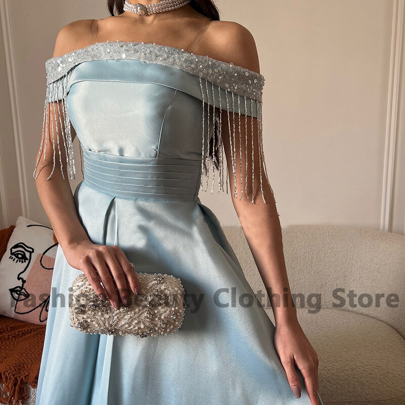 Gaun Prom Satin mewah tanpa bahu dengan payet rumbai tirai 2023 gaun malam elegan ritsleting belakang A-Line untuk wanita
