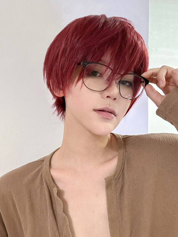 8Inch Wine Red Color Handsome Synthetic Wigs With Bang Short Straight Hair Wig For Man or Women Daily Use Cosplay Heat Resistant