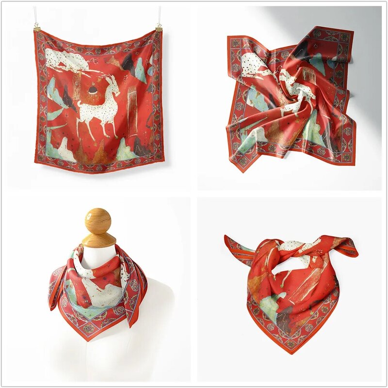 Dunhuang-bufanda cuadrada de Sarga de seda de 53CM para mujer, Bandana con pintura de ciervos de nueve colores, Hijabs pequeños, diadema musulmana de lujo