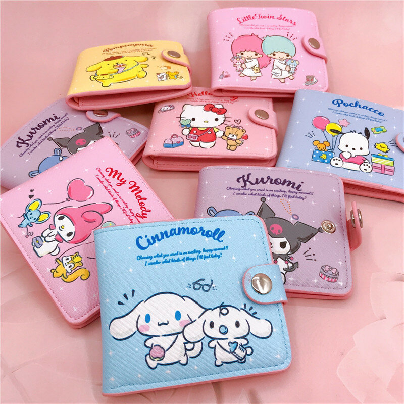 Kawaii Hello Kitty Cinnamoroll moja melodia Kuromi Sanrio nowy Pu na co dzień portfel portmonetka portfel z saszetką na karty z guzikami