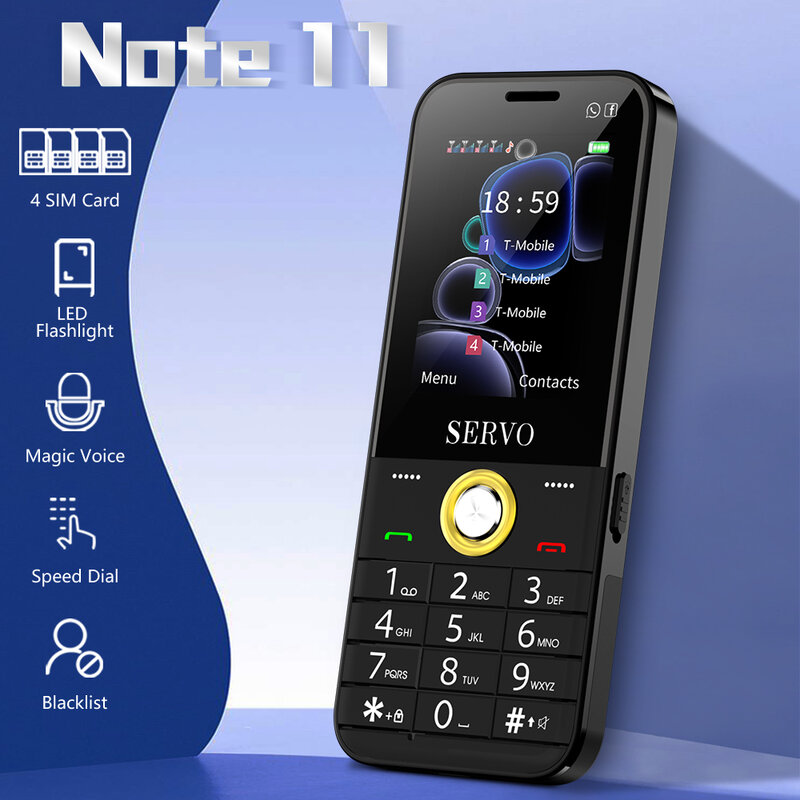 SERVO NOTE 11 4 SIM 카드 4 대기 휴대폰 무선 라디오, LED 손전등, 스피드 다이얼, 매직 사운드 진동, 큰 버튼 휴대폰