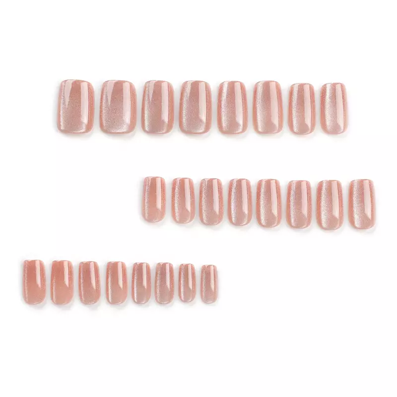 24Pcs Porcelain White Magnetic Cat Eye Fake Nails Press On Nails Nude Color Sparkling Glitter Wearing Acrylic False Nails