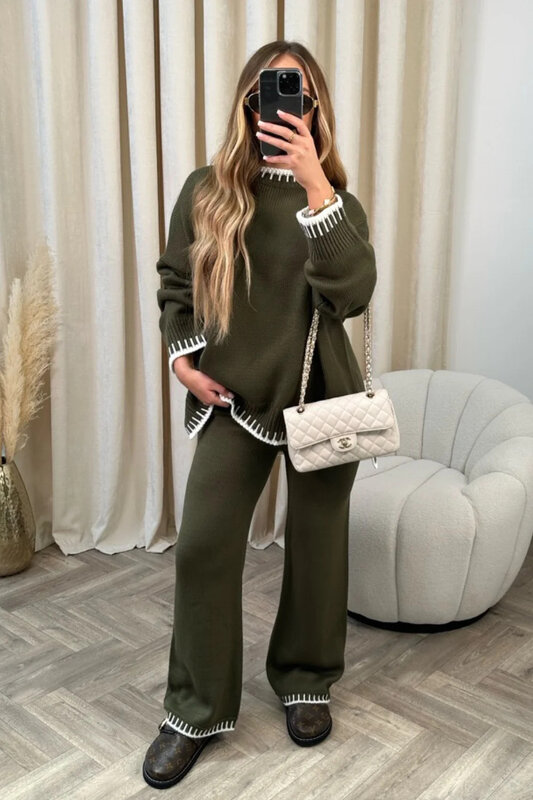 Striped Elegant Women Knitted Home Suit Split Sweater Top Elastic High Waist Straight Pants 2 Pieces Set Female Autumn Winter